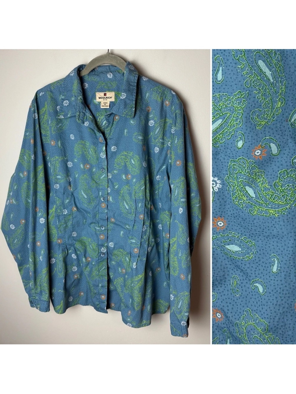 Woolrich Shirt Size XL Top Long Sleeves Blue Green Paisley Floral Button Front